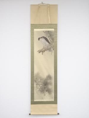 大正～昭和頃　周宋筆　老松鷹図　肉筆絹本掛軸（共箱）